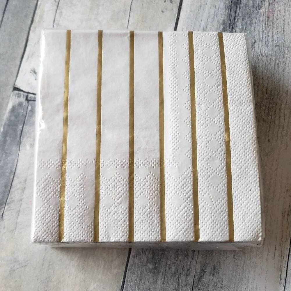 NWT - 40 Beverage Paper Napkins White with Gold Stripe